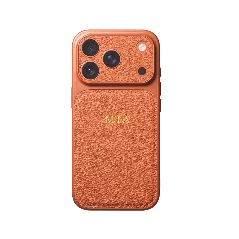 Coque iPhone personnalisable coloris Orange, initiales dorées au dos